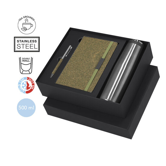 Personalizēts komplekts ar bloknotu, pildspalvu un termosu (cena/gab par 50gab. pasūtījumu)